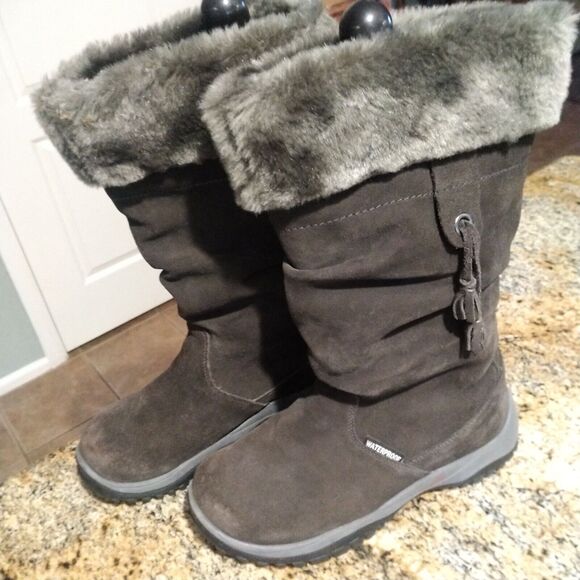 Baffin Katie Tall Winter Snow Boots Gray Suede Faux Fur MIKU-W008 Women's Sz 8 - Picture 1 of 14